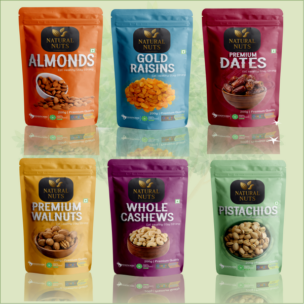 Healthy Nuts Combo – Almonds, Cashews, Raisins, Walnuts, Pistachio & Dates (200g Each)